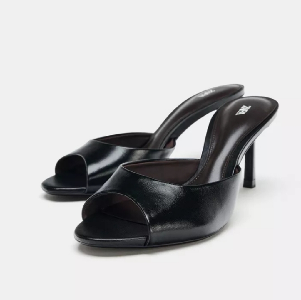 Zara Elegant Black Leather Peep Toe Open Back Heels Sz-10